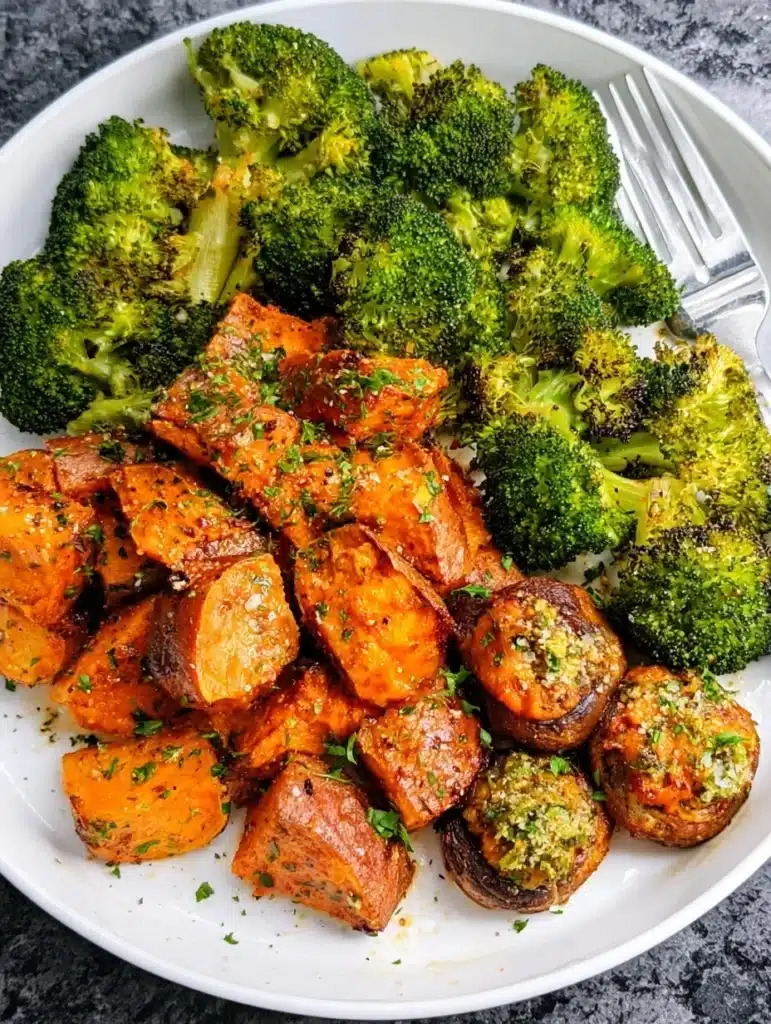 Roasted Broccoli, Sweet Potatoes & Stuffed Mushrooms – Healthy Vegan Recipe